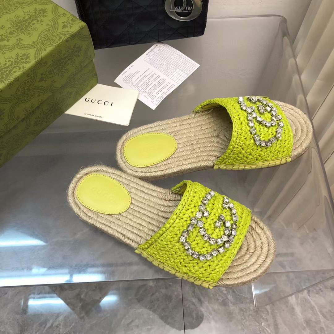 Gucci Unisex GG Interlocking G Espadrille Lime Green Viscose-Effect Raffia Flat