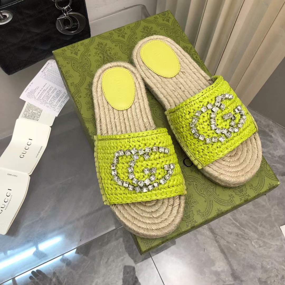 Gucci Unisex GG Interlocking G Espadrille Lime Green Viscose-Effect Raffia Flat