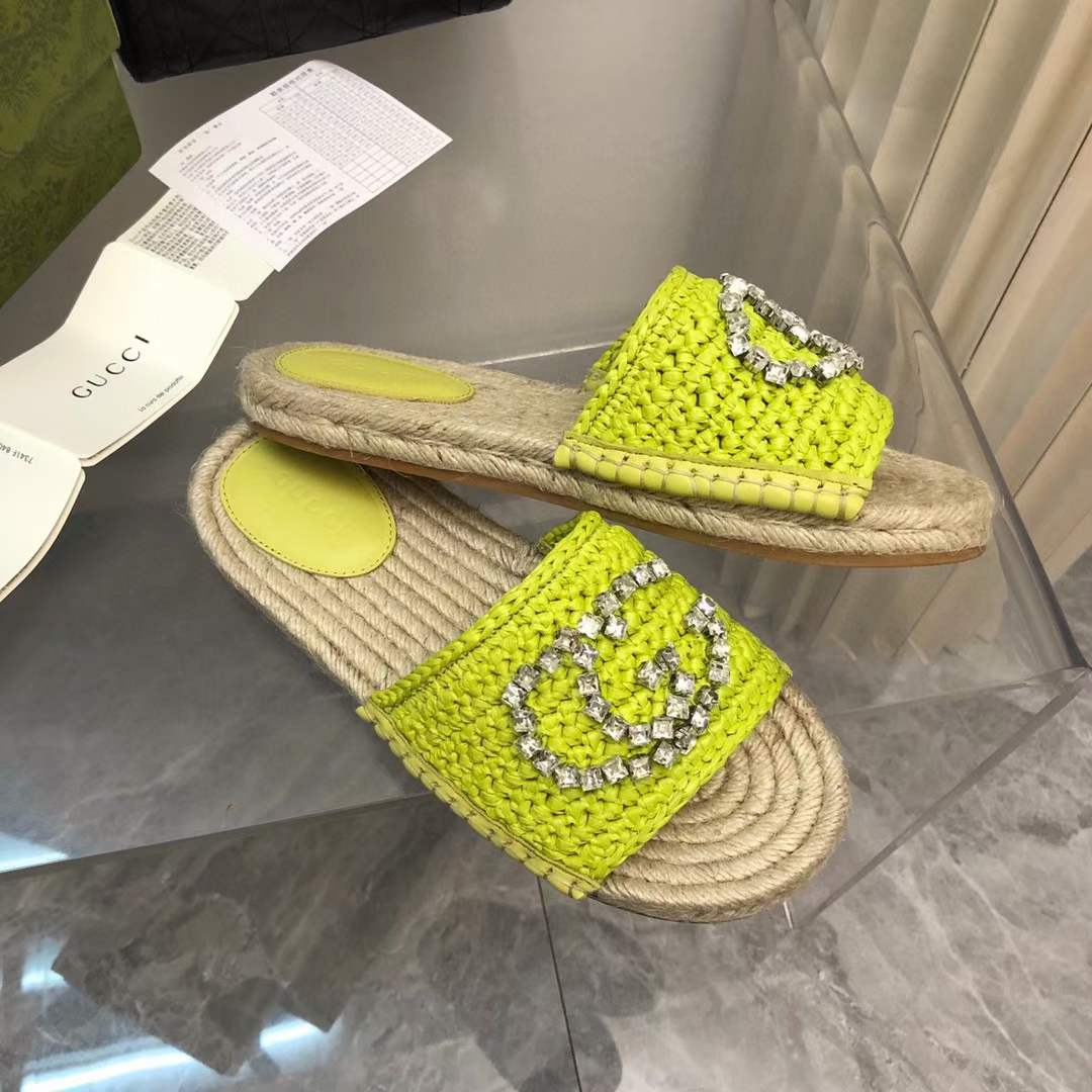Gucci Unisex GG Interlocking G Espadrille Lime Green Viscose-Effect Raffia Flat
