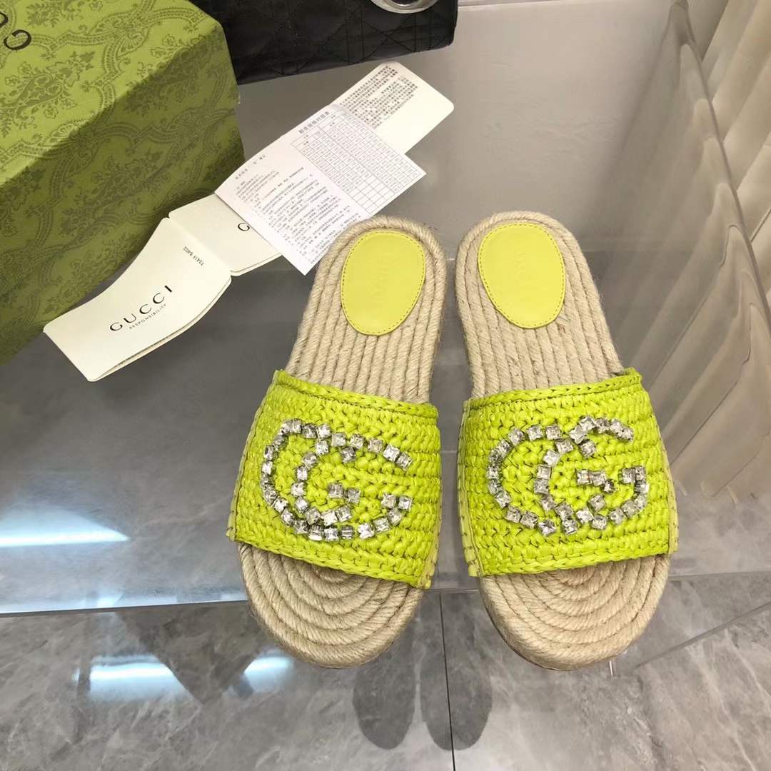 Gucci Unisex GG Interlocking G Espadrille Lime Green Viscose-Effect Raffia Flat