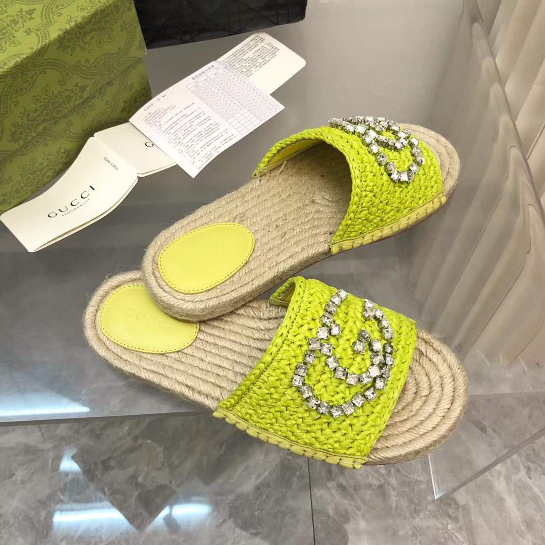 Gucci Unisex GG Interlocking G Espadrille Lime Green Viscose-Effect Raffia Flat