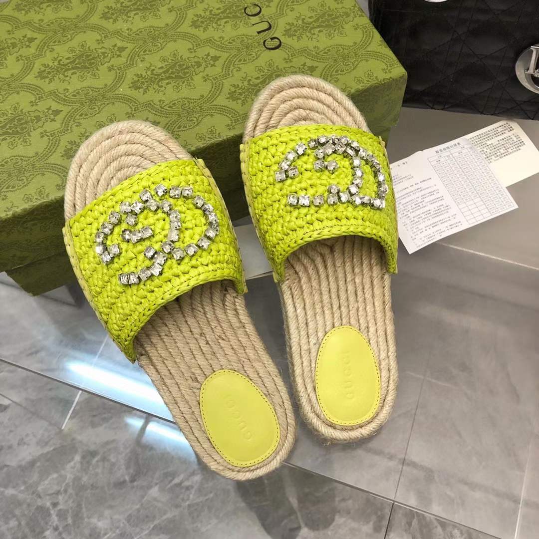 Gucci Unisex GG Interlocking G Espadrille Lime Green Viscose-Effect Raffia Flat