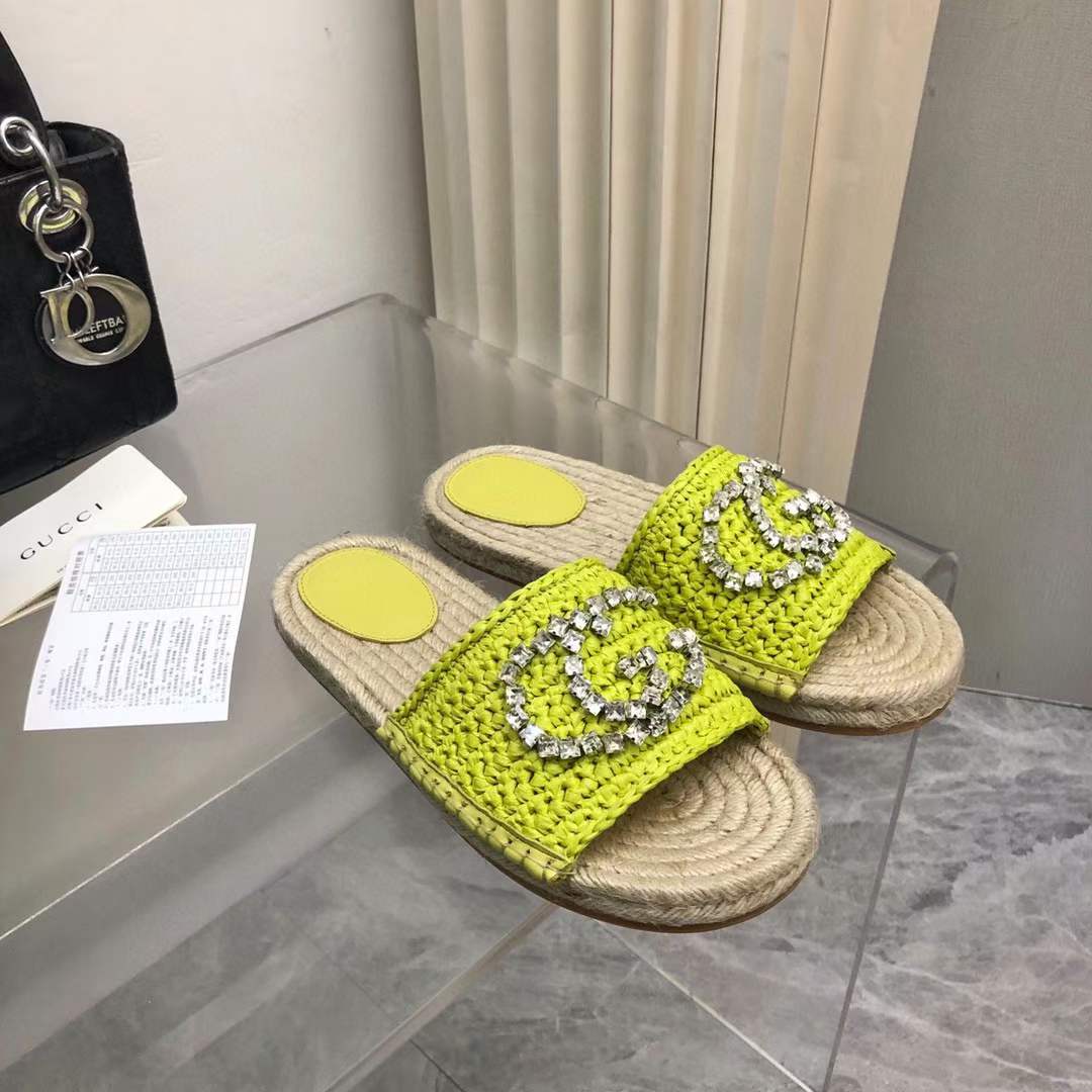 Gucci Unisex GG Interlocking G Espadrille Lime Green Viscose-Effect Raffia Flat