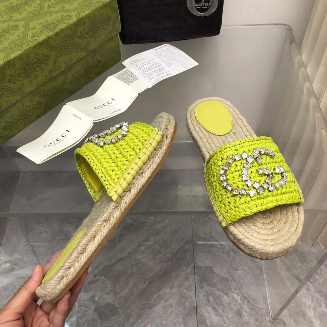 Gucci Unisex GG Interlocking G Espadrille Lime Green Viscose-Effect Raffia Flat