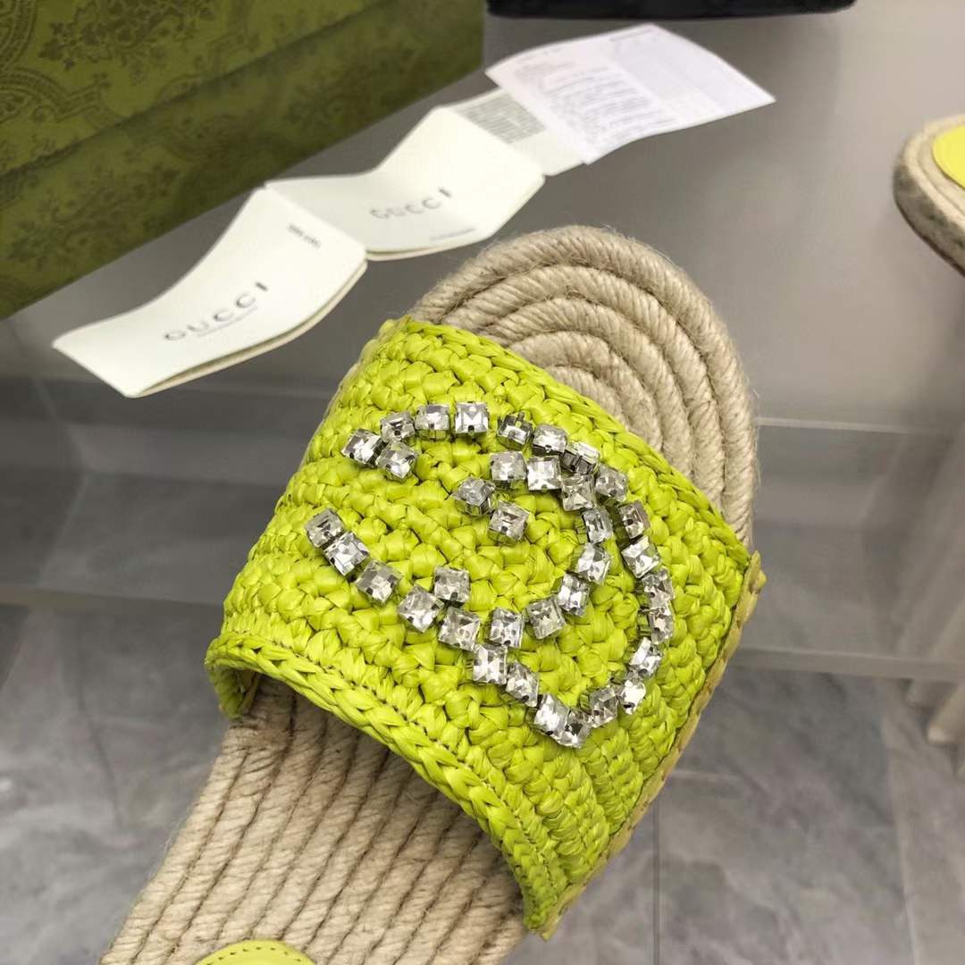 Gucci Unisex GG Interlocking G Espadrille Lime Green Viscose-Effect Raffia Flat