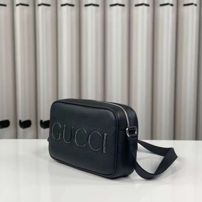 Gucci Unisex Mini Shoulder Bag Black Leather Grey Black GG Supreme Canvas