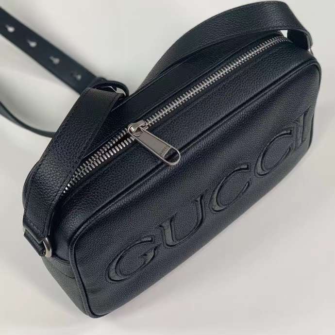 Gucci Unisex Mini Shoulder Bag Black Leather Grey Black GG Supreme Canvas