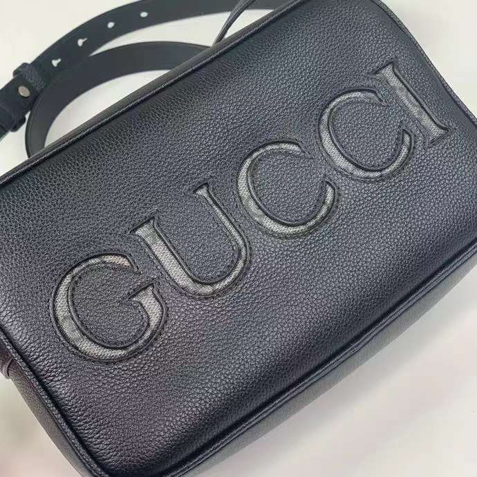 Gucci Unisex Mini Shoulder Bag Black Leather Grey Black GG Supreme Canvas