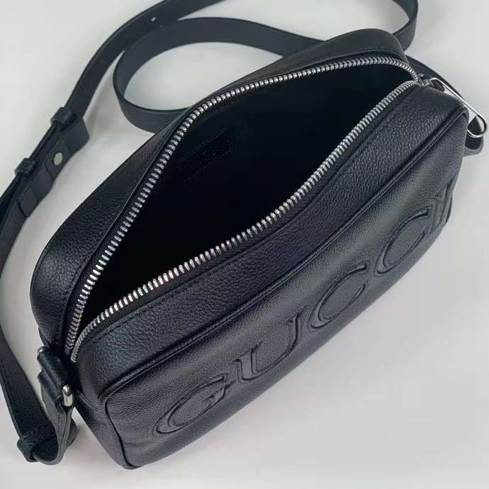 Gucci Unisex Mini Shoulder Bag Black Leather Grey Black GG Supreme Canvas
