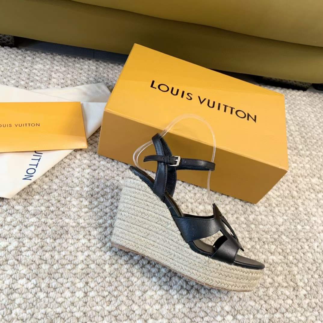 Louis Vuitton LV Women LV Isola Wedge Sandal Black Calf Leather Rope Rubber 1ACI8E