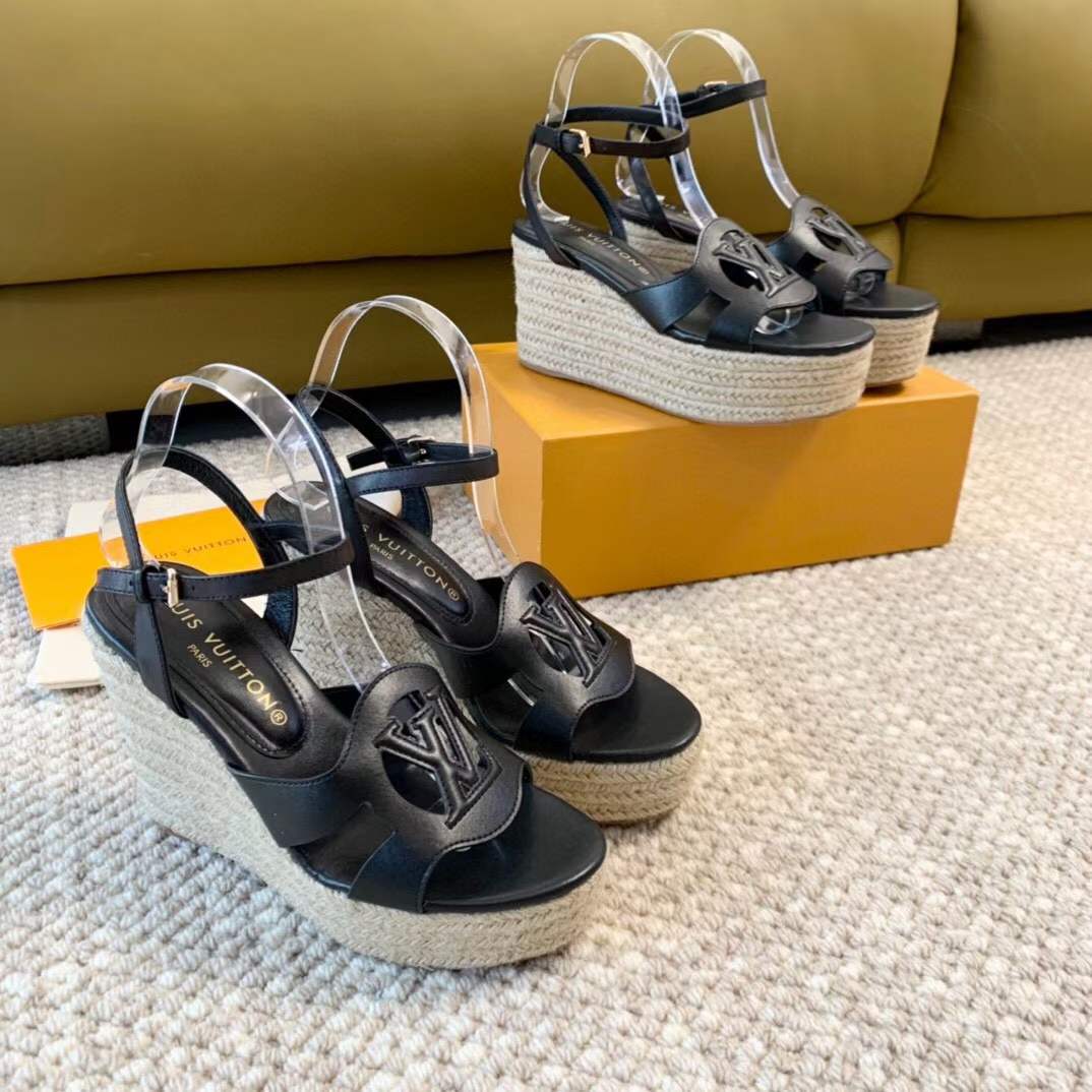 Louis Vuitton LV Women LV Isola Wedge Sandal Black Calf Leather Rope Rubber 1ACI6H