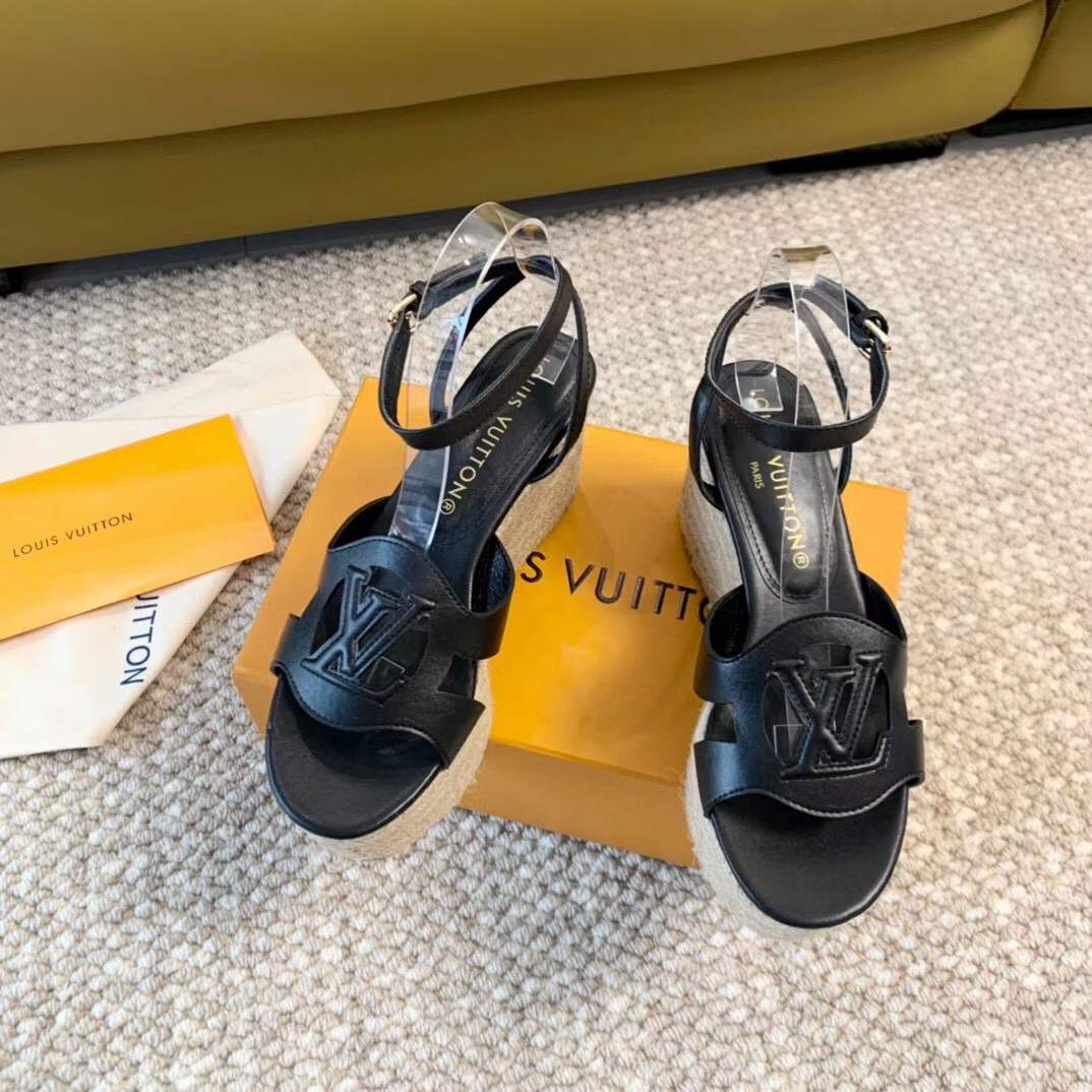 Louis Vuitton LV Women LV Isola Wedge Sandal Black Calf Leather Rope Rubber 1ACI8E