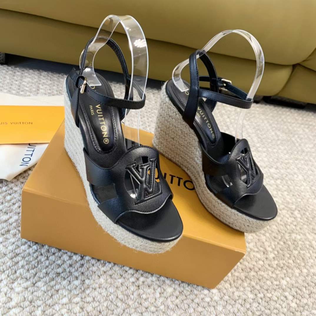 Louis Vuitton LV Women LV Isola Wedge Sandal Black Calf Leather Rope Rubber 1ACI8E