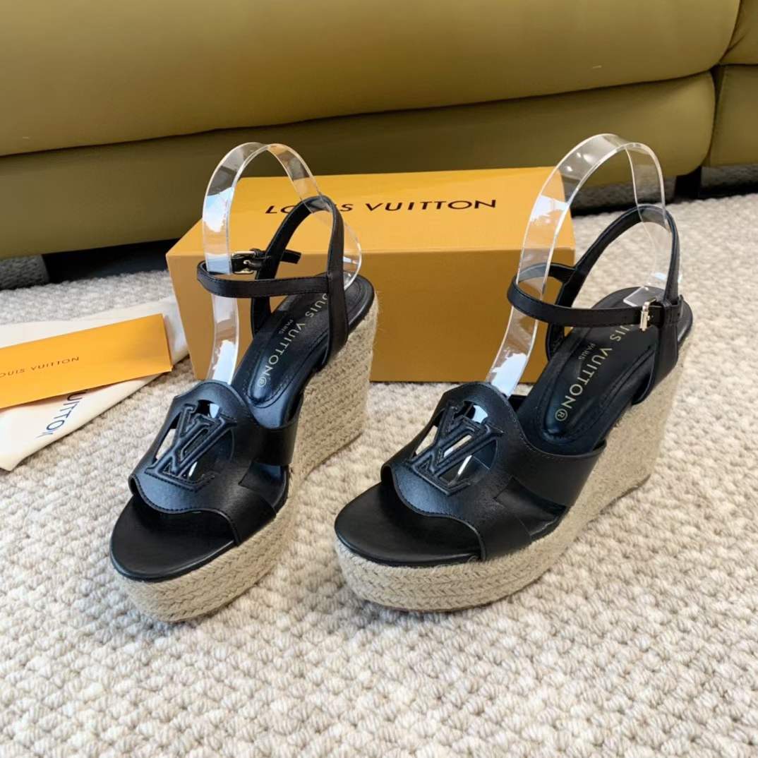 Louis Vuitton LV Women LV Isola Wedge Sandal Black Calf Leather Rope Rubber 1ACI8E
