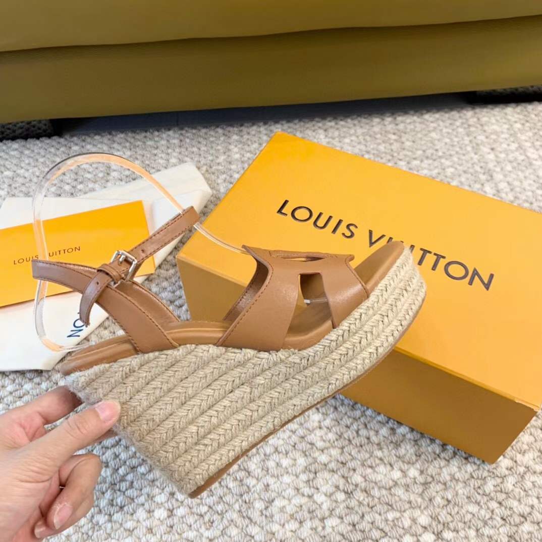Louis Vuitton LV Women LV Isola Wedge Sandal Cognac Brown Calf Leather Rope Rubber 1ACI7Y