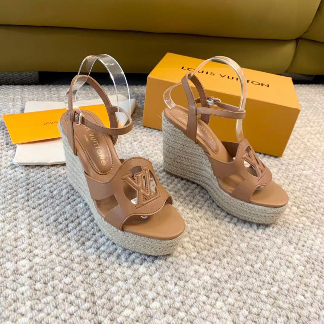 Louis Vuitton LV Women LV Isola Wedge Sandal Cognac Brown Calf Leather Rope Rubber 1ACI7Y