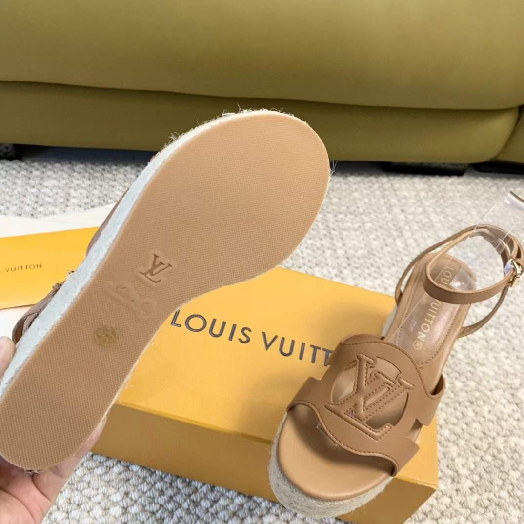 Louis Vuitton LV Women LV Isola Wedge Sandal Cognac Brown Calf Leather Rope Rubber 1ACI7Y
