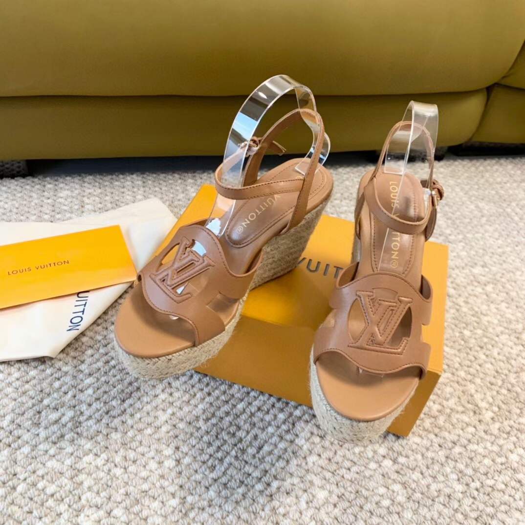 Louis Vuitton LV Women LV Isola Wedge Sandal Cognac Brown Calf Leather Rope Rubber 1ACI7Y