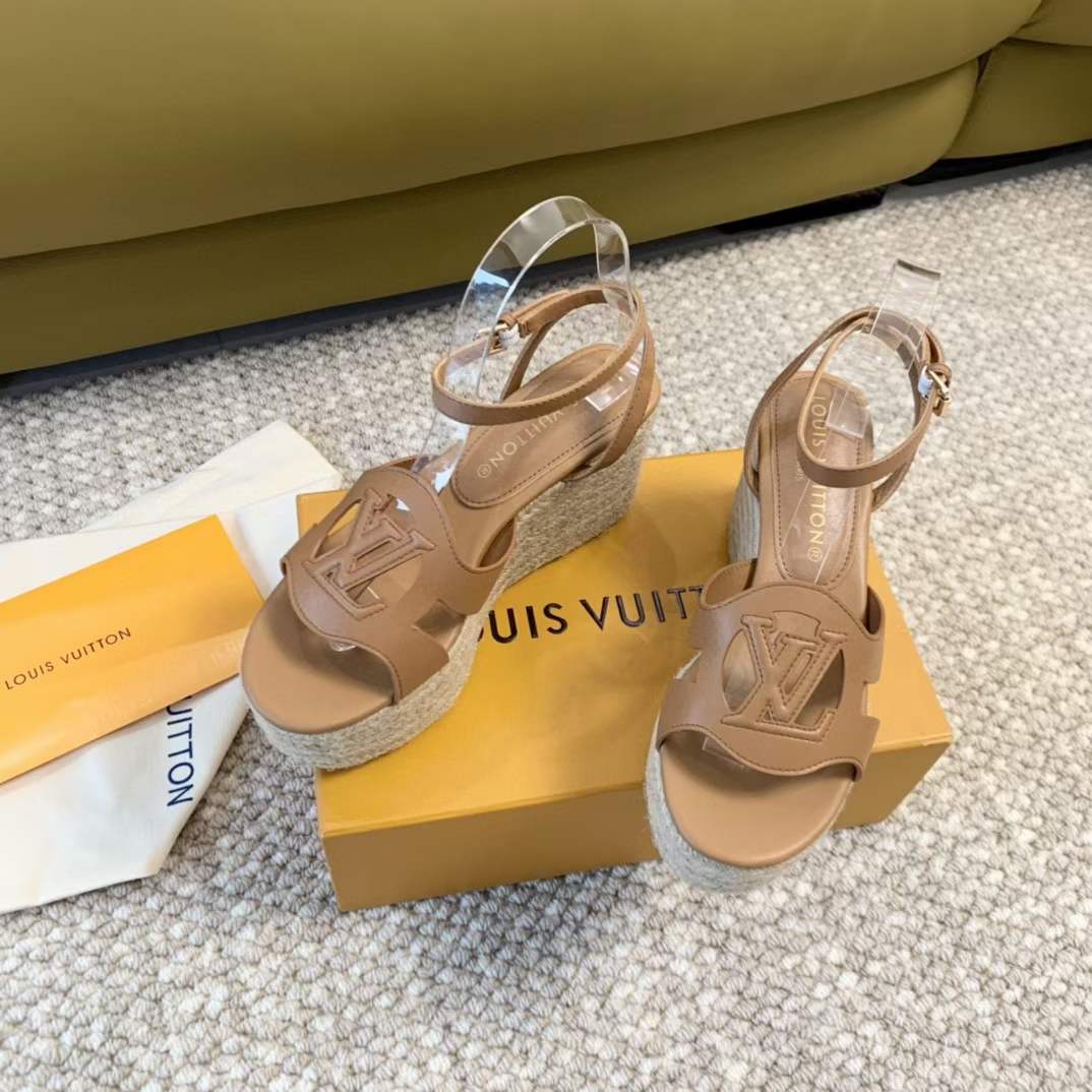 Louis Vuitton LV Women LV Isola Wedge Sandal Cognac Brown Calf Leather Rope Rubber 1ACI7Y