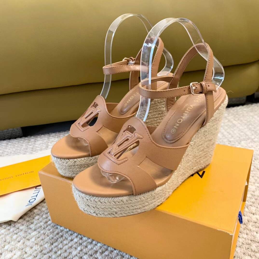 Louis Vuitton LV Women LV Isola Wedge Sandal Cognac Brown Calf Leather Rope Rubber 1ACI7Y