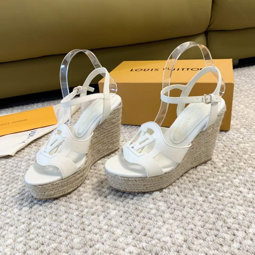 Louis Vuitton LV Women LV Isola Wedge Sandal White Calf Leather Rope Rubber 1ACI8U