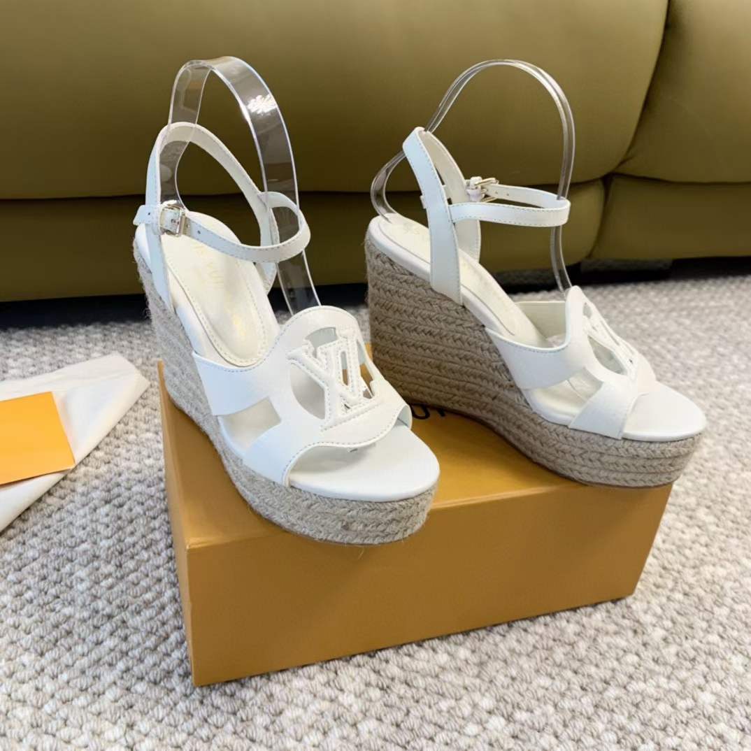 Louis Vuitton LV Women LV Isola Wedge Sandal White Calf Leather Rope Rubber 1ACI8U