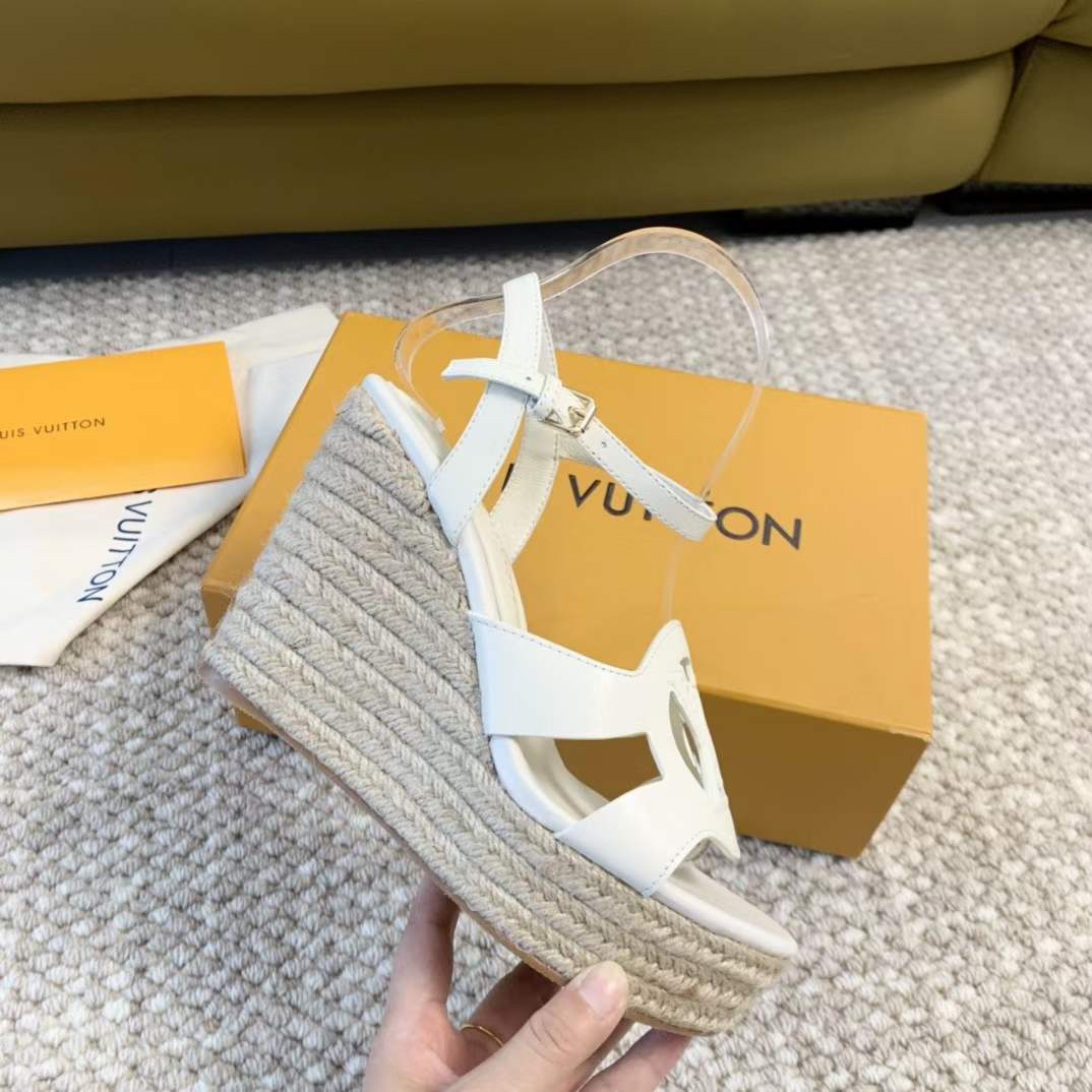 Louis Vuitton LV Women LV Isola Wedge Sandal White Calf Leather Rope Rubber 1ACI8U