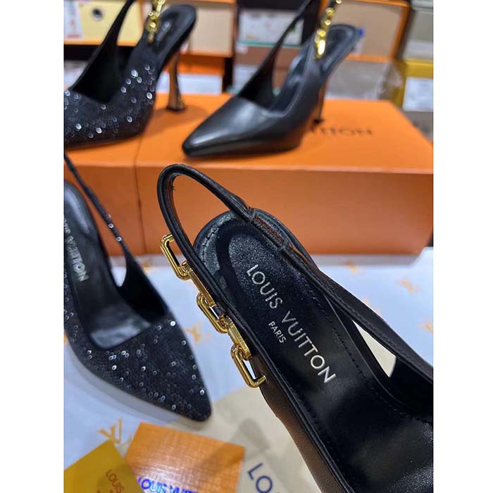 Louis Vuitton LV Women Sparkle Slingback Pump Black Calf Leather 9.5 CM Heel 1ABPHC