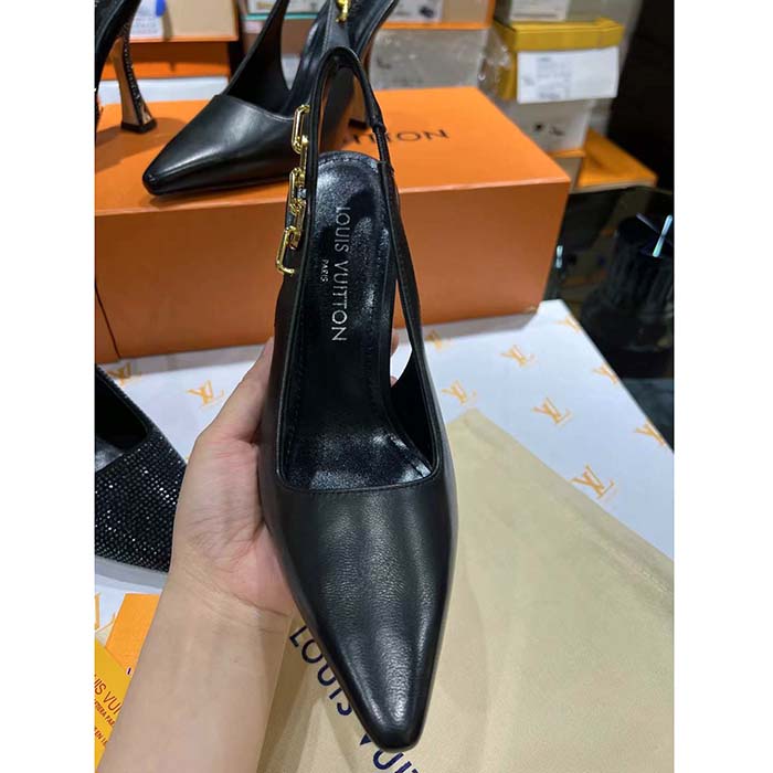 Louis Vuitton LV Women Sparkle Slingback Pump Black Calf Leather 9.5 CM Heel 1ABPHC