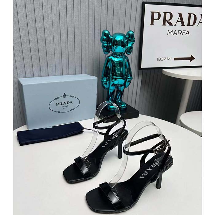 Prada Women Satin High-Heeled Sandals Black Viscose 8.5 CM Heel