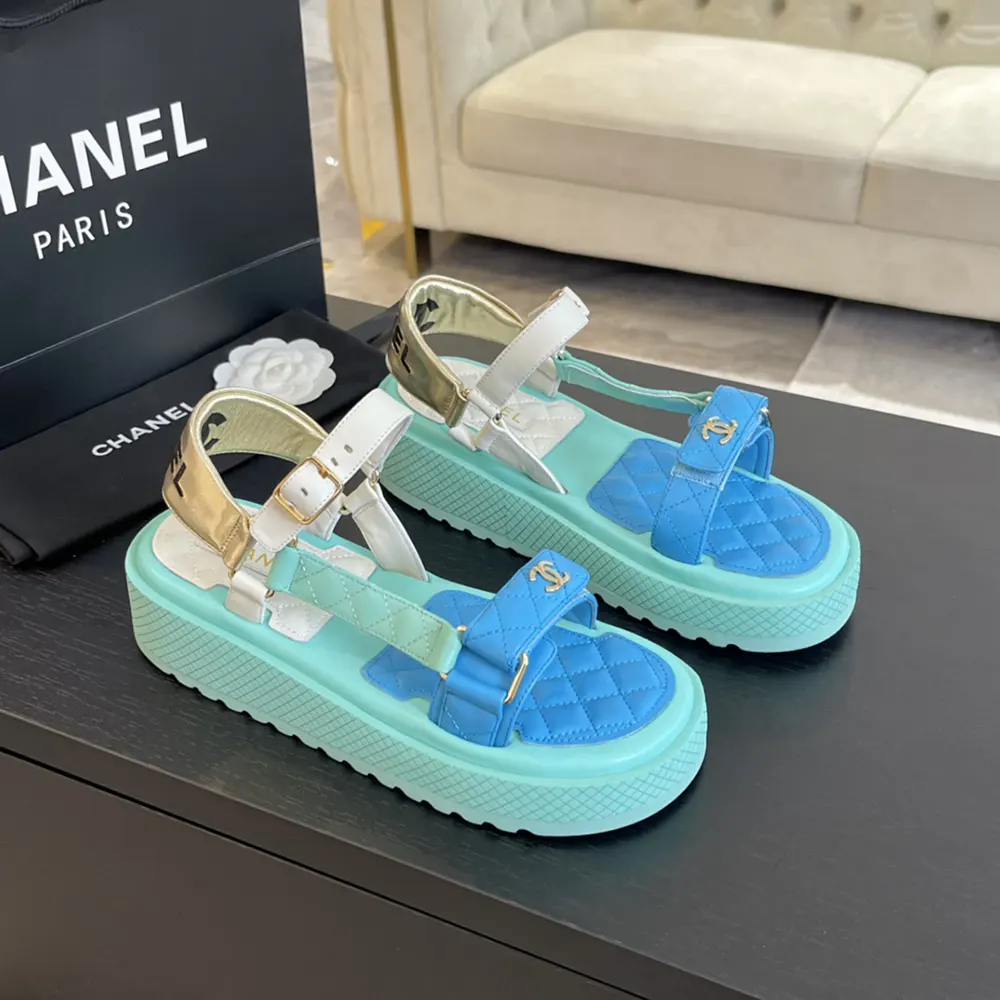 Chanel Women Open Toe Sandal in Calfskin Leather Aqua