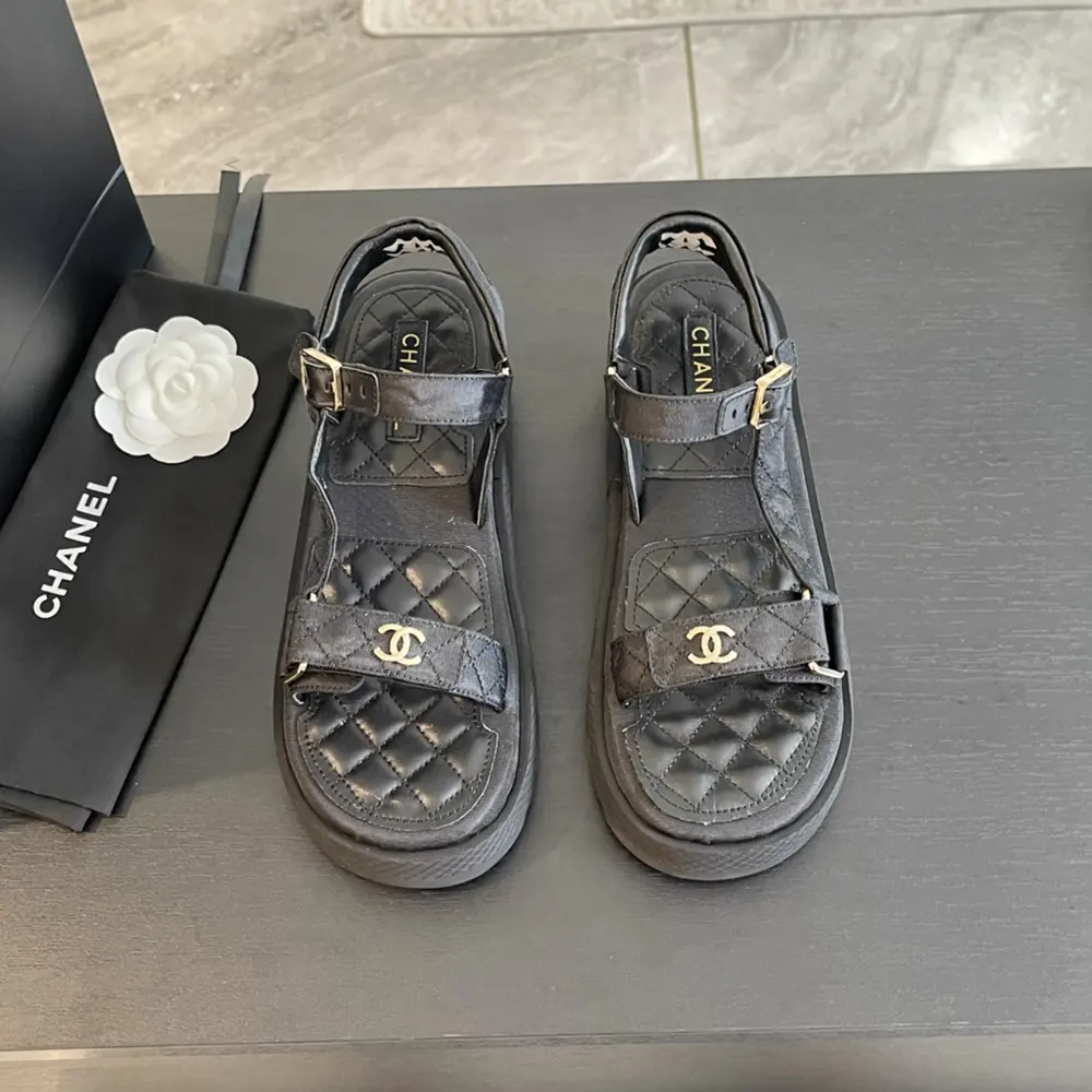 Chanel Women CC Open Toe Sandal in Calfskin Leather Black