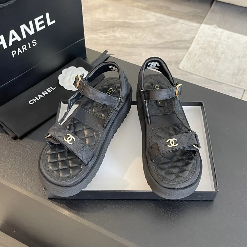 Chanel Women CC Open Toe Sandal in Calfskin Leather Black