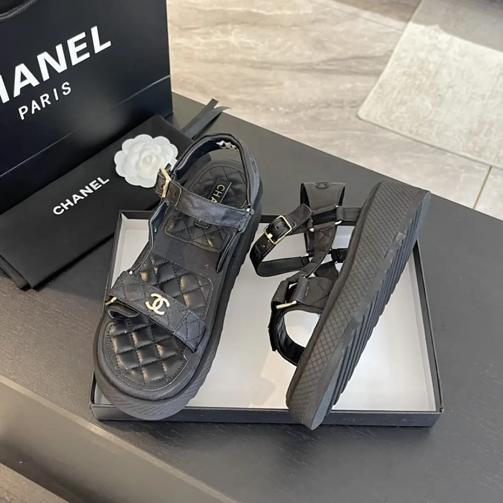 Chanel Women CC Open Toe Sandal in Calfskin Leather Black