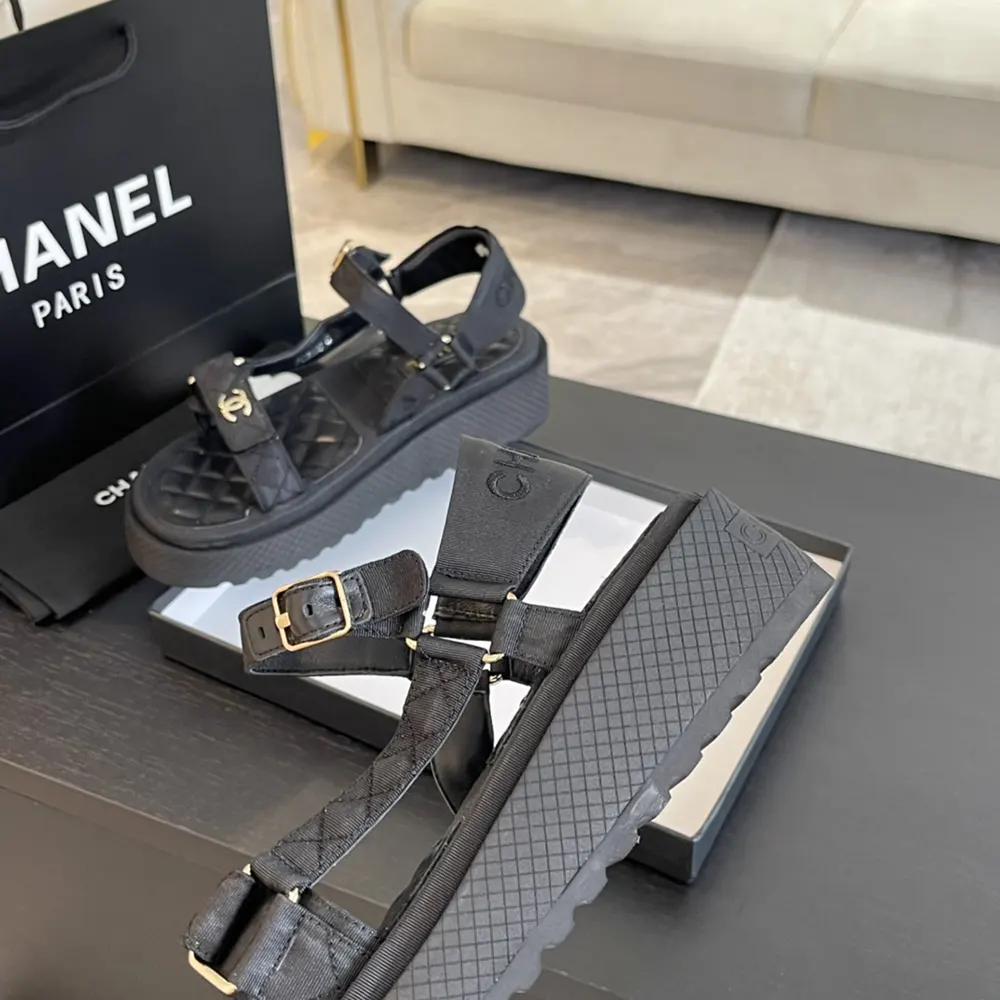 Chanel Women CC Open Toe Sandal in Calfskin Leather Black