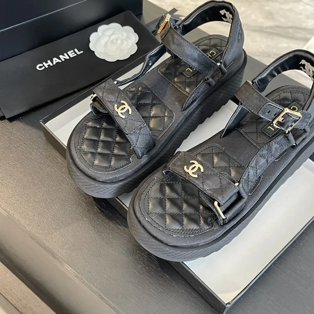 Chanel Women CC Open Toe Sandal in Calfskin Leather Black