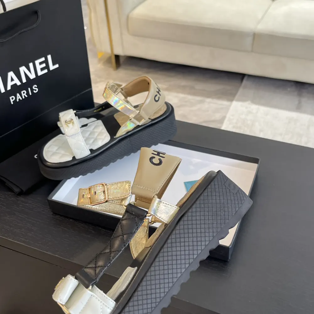 Chanel Women Open Toe Sandal in Calfskin Leather Gold
