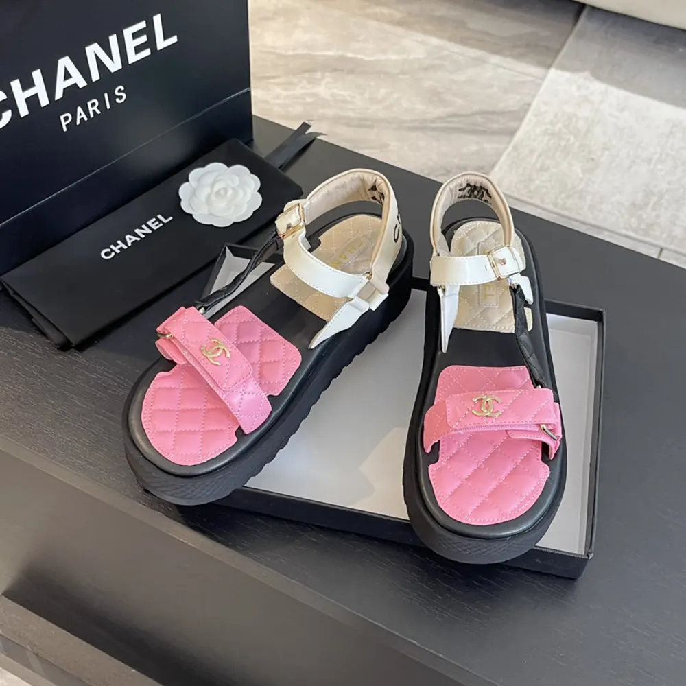 Chanel Women Open Toe Sandal in Calfskin Leather Gold Pink