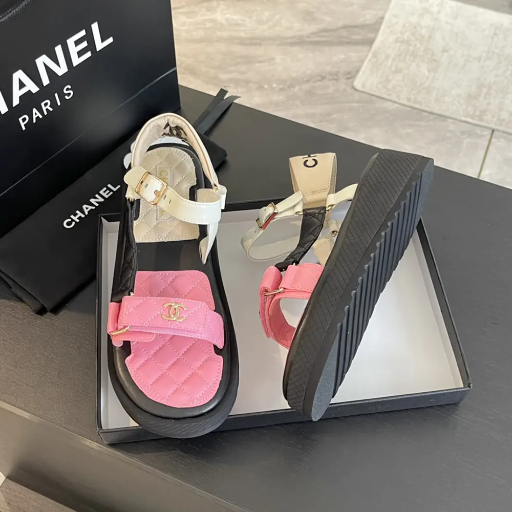 Chanel Women Open Toe Sandal in Calfskin Leather Gold Pink