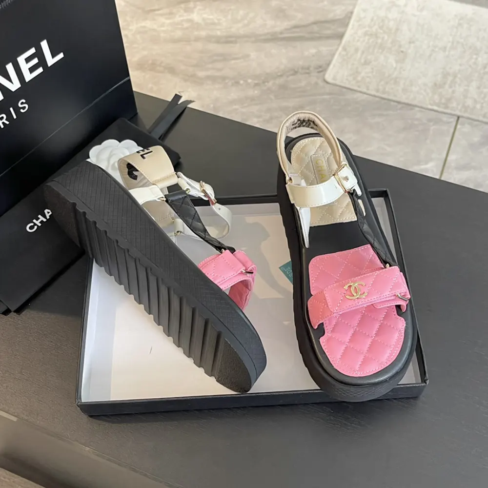 Chanel Women Open Toe Sandal in Calfskin Leather Gold Pink