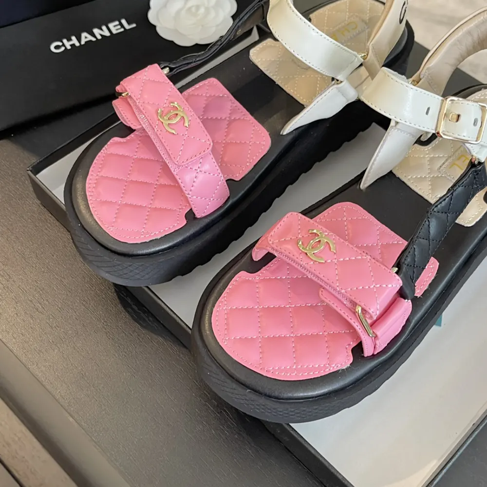 Chanel Women Open Toe Sandal in Calfskin Leather Gold Pink