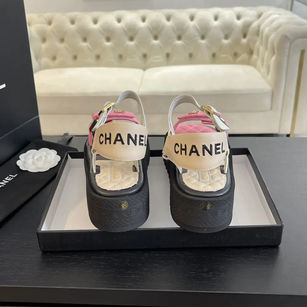 Chanel Women Open Toe Sandal in Calfskin Leather Gold Pink