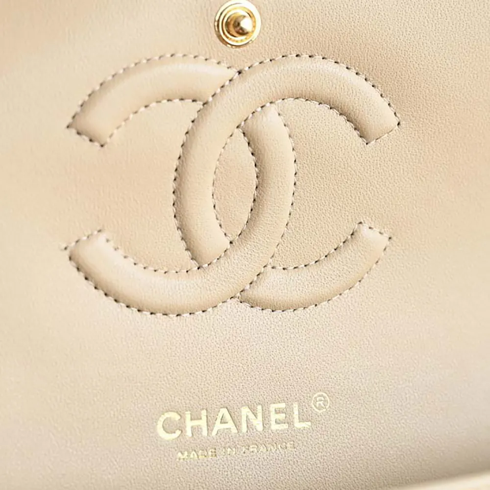 Chanel Women Classic 11.12 Handbag Grained Shiny Calfskin Gold-Tone Metal-Beige