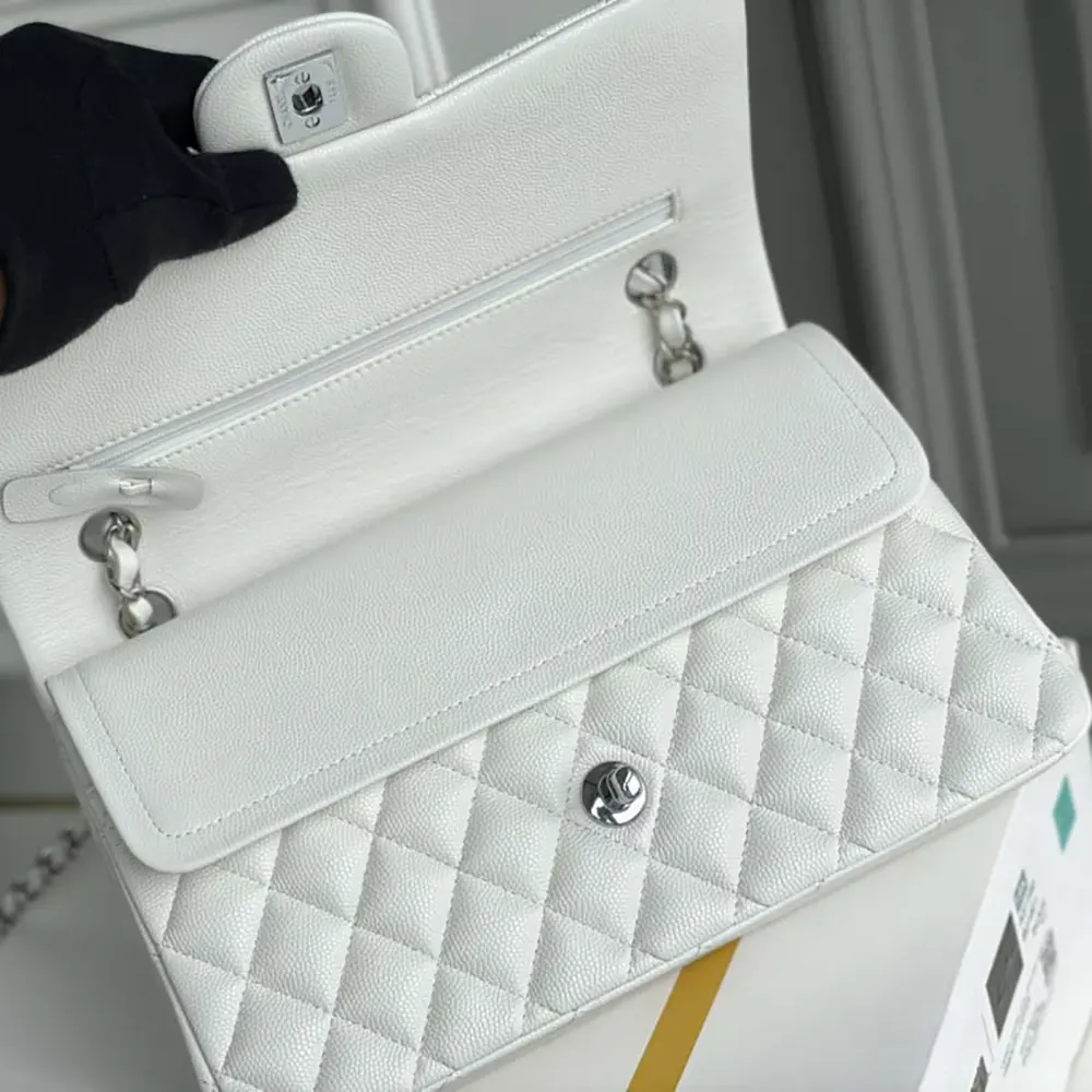 Chanel Women Classic 11.12 Handbag Grained Shiny Calfskin Silver-Tone Metal-White