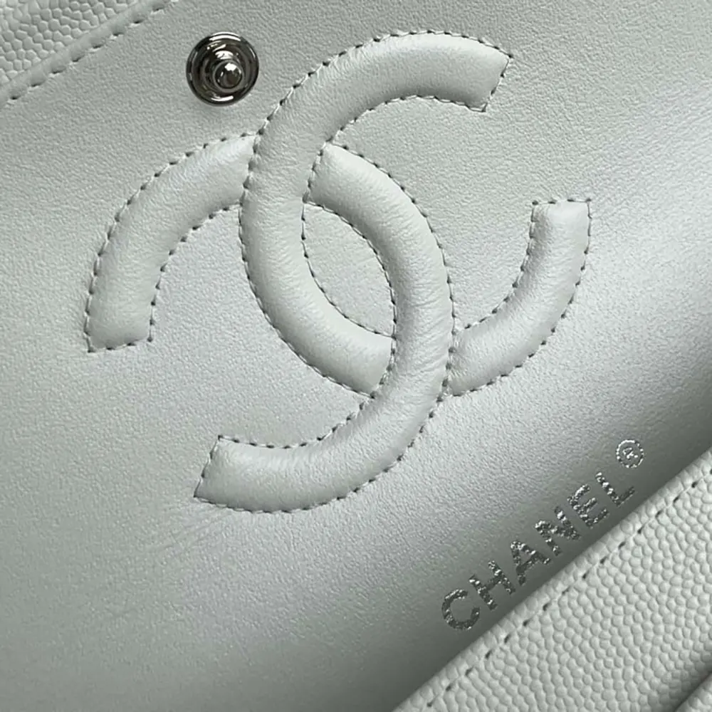 Chanel Women Classic 11.12 Handbag Grained Shiny Calfskin Silver-Tone Metal-White