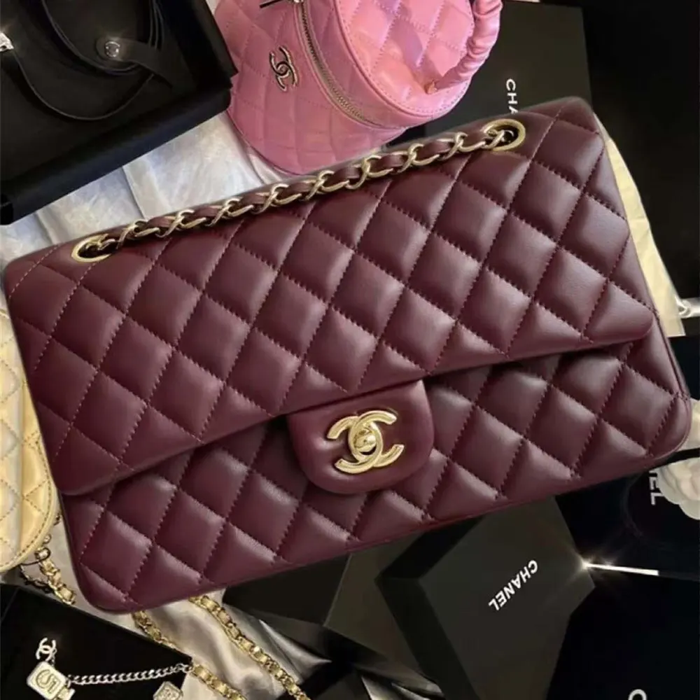 Chanel Women Classic 11.12 Handbag in Lambskin Leather-Burgundy