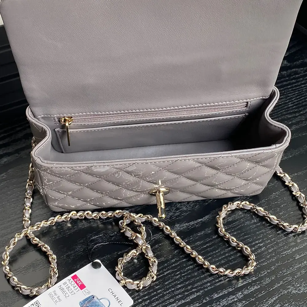 Chanel Women Mini Classic Handbag with Top Handle in Patent Calfskin-Grey