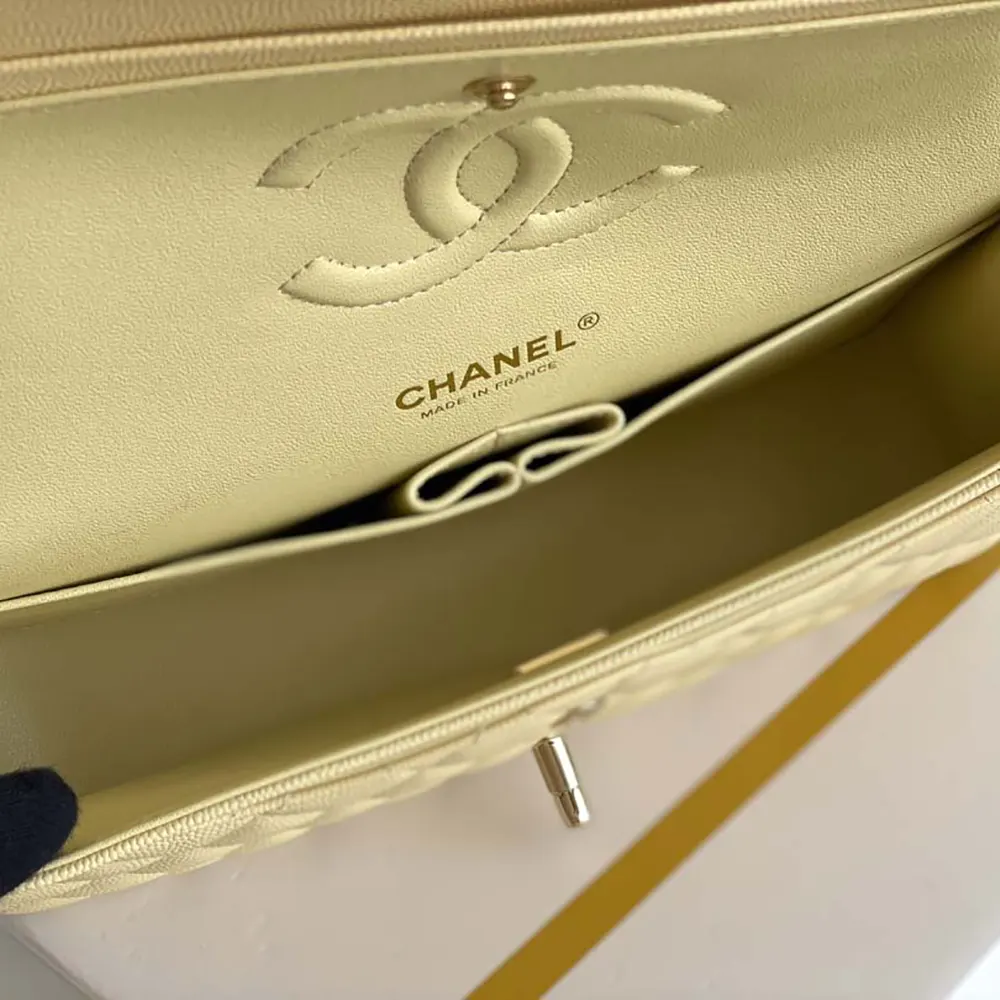 Chanel Women Medium Classic Handbag Grained Shiny Calfskin Gold-Tone Metal-Yellow