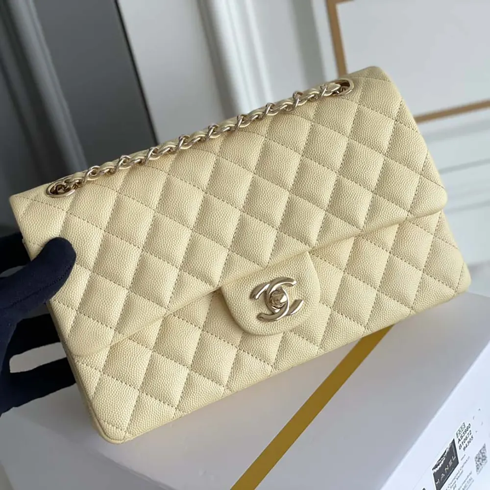 Chanel Women Medium Classic Handbag Grained Shiny Calfskin Gold-Tone Metal-Yellow