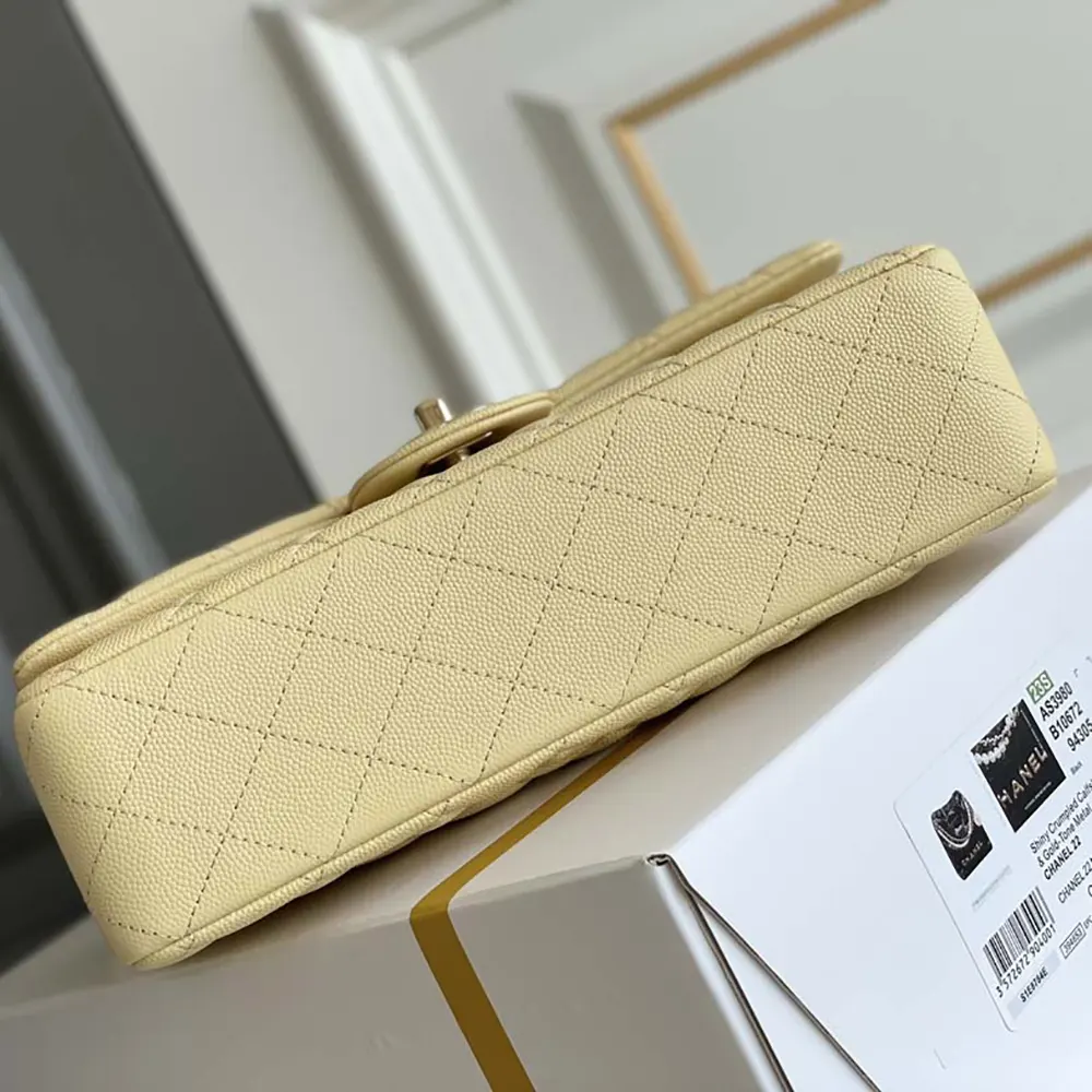 Chanel Women Medium Classic Handbag Grained Shiny Calfskin Gold-Tone Metal-Yellow